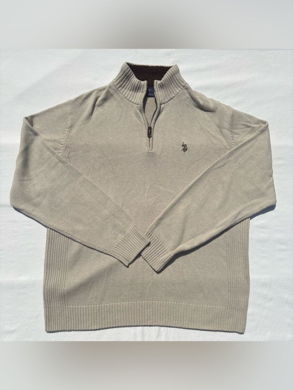 U.S. Polo Assn. Men's XL Quarter Zip Knit Sweater Fleece Lined Collar Beige